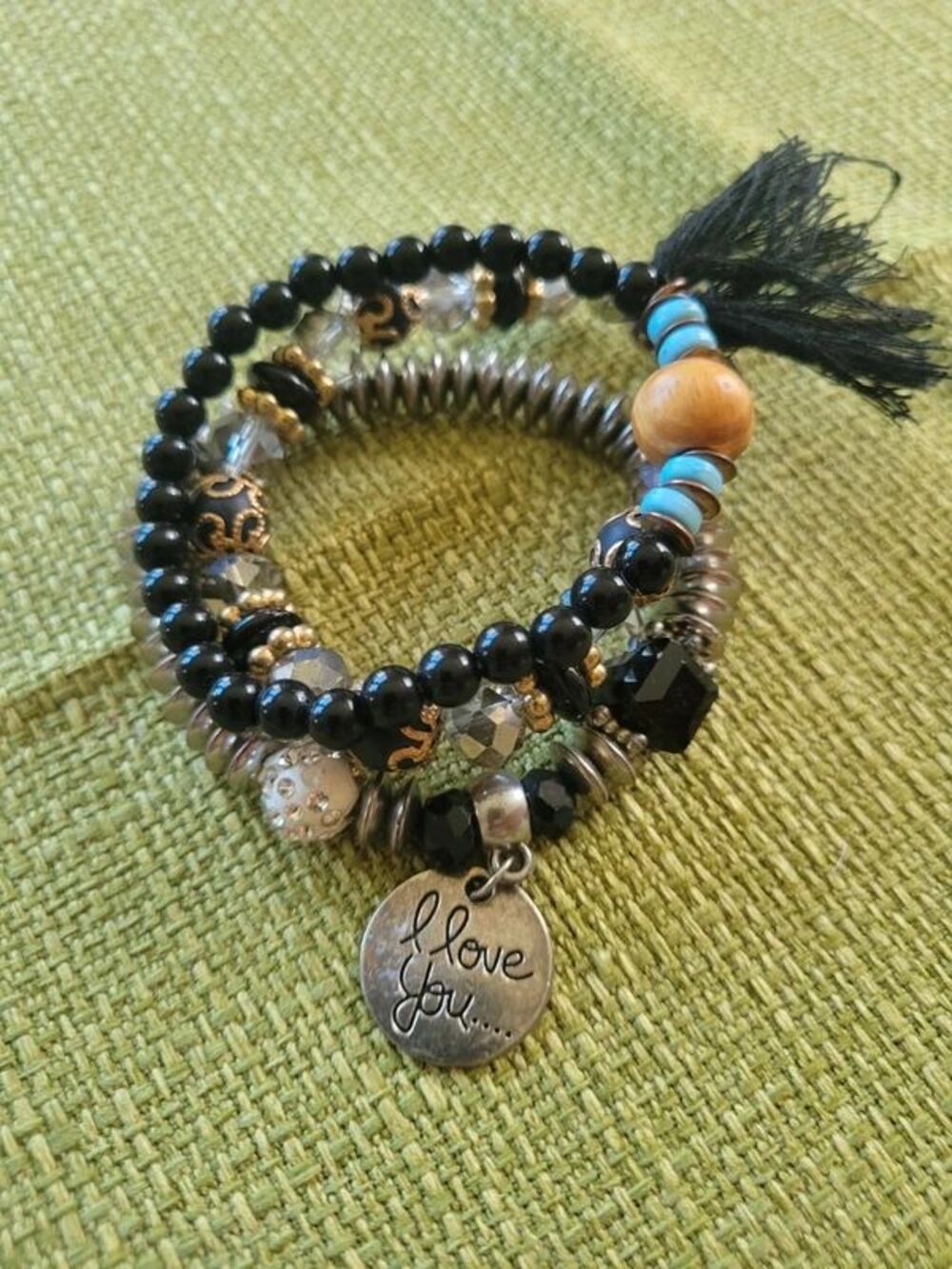 Boho beaded bracelet set with "I love you" charm
